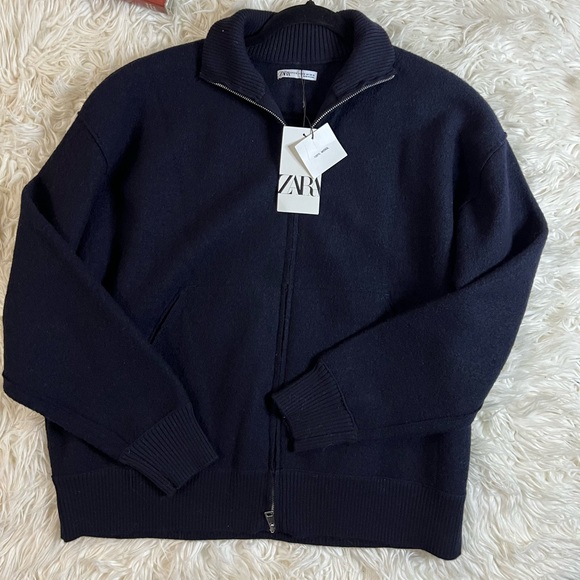🔥NWT ZARA🔥 Navy Blue 100% Wool Zip-up Jacket - Picture 8 of 10